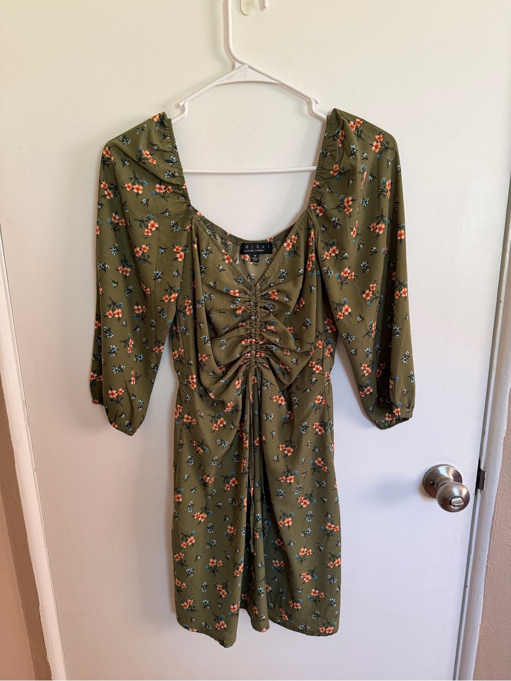 Trixxi Olive Green Floral Long Sleeve Ruched Dress